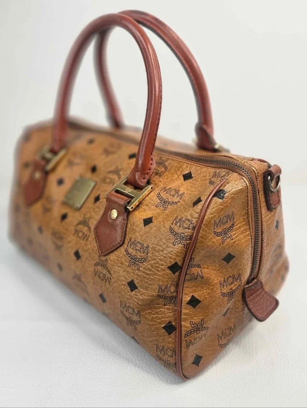 Authentic MCM Monogram Visetos Cognac Boston Satchel Handbag